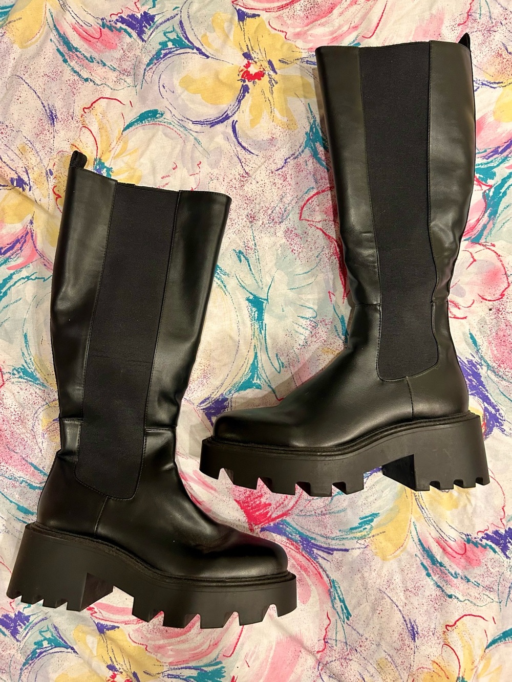 Zara Black Chunky Lug-Sole Knee-High Boots